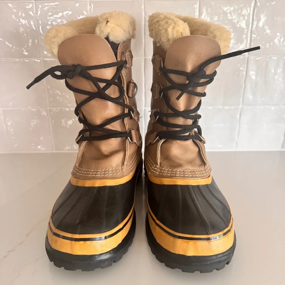 Sorel Caribou Winter Boots Women 6 Tan Waterproof Leather Shearling Fleece READ